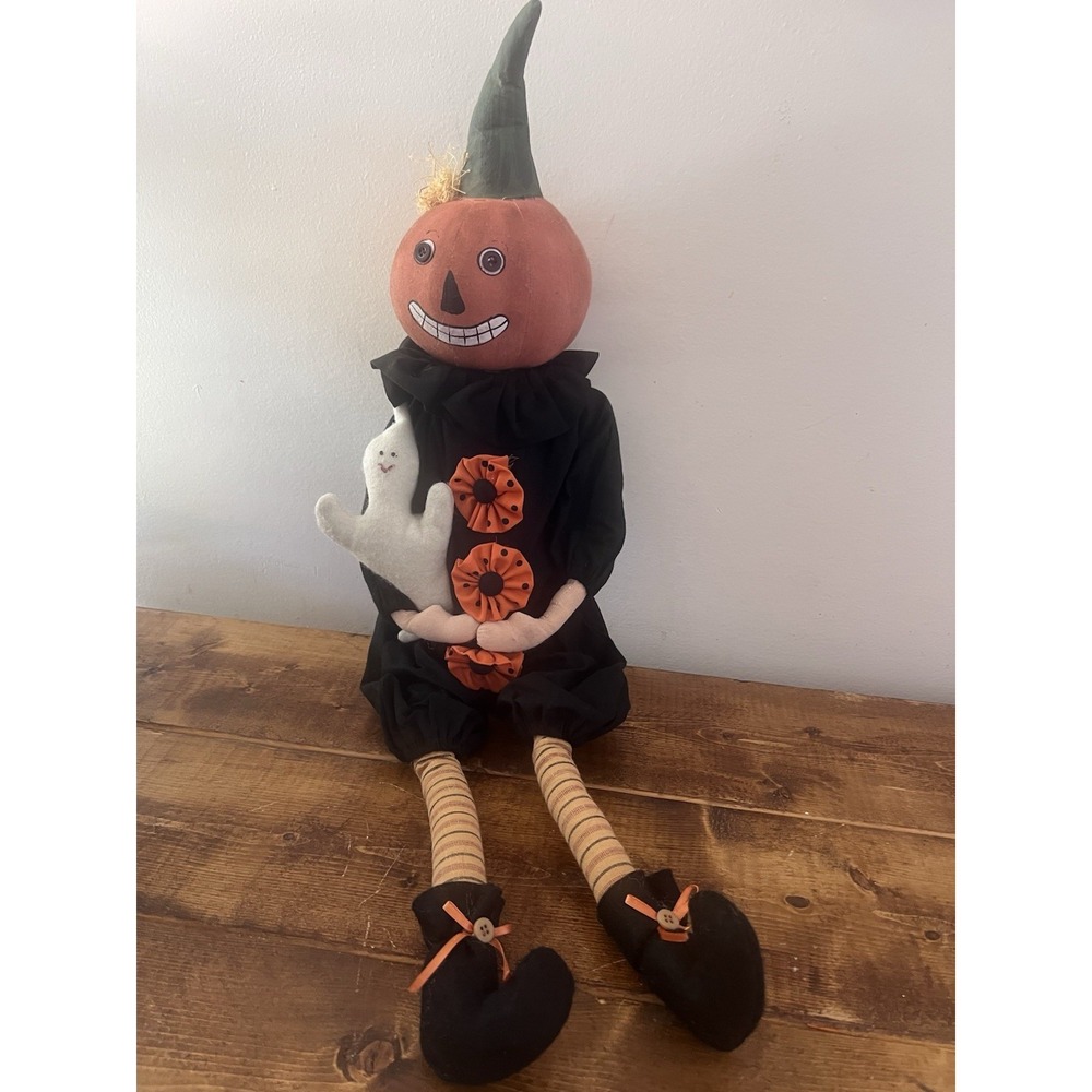 Vintage Primitive Pumpkin Head Witch Shelf Sitter Halloween Doll Folk Art Style
